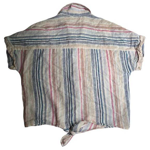 Beach Lunch Lounge Striped Tie Front Linen Button Down Blouse Sz Small - Picture 6 of 9